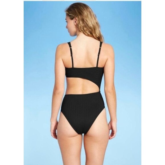 NWOT Shade & Shore Black Ribbed One-Piece Cut Out Swimsuit Size S - Picture 2 of 9